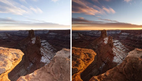 Before and after comparison of desert landscape with rock formations during sunset, showing color grading adjustments.