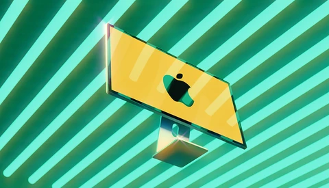 Illustration of a yellow computer monitor with the Apple logo displayed on its screen, set against a vibrant turquoise striped background.