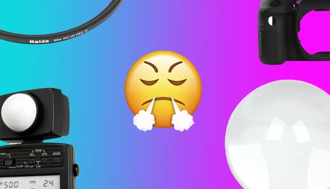 Frustrated emoji surrounded by photography equipment on a gradient background.