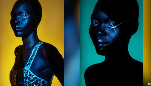 Two silhouetted profiles with geometric blue light patterns and sparkle effects against contrasting yellow and teal backgrounds.