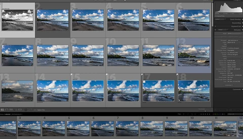 Screenshot of photo editing software showing multiple landscape images with blue skies and clouds in grid layout.