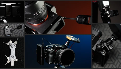 Collage of cinema camera equipment including a cinema camera body with lens, gimbal stabilizer, and mounting accessories against dark and colored backgrounds.