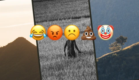 Composite image with three landscape photographs separated by vertical strips and emoji faces overlaid.