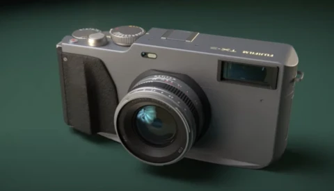 3D rendered compact camera with gray body, dual top dials, rangefinder window, and fixed lens against dark green background.