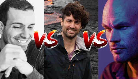 Graphic comparison of three male portraits with versus graphics between them.