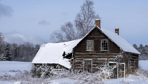 Abandoned log cabin with snow-covered roof surrounded by bare trees and snow-blanketed ground.