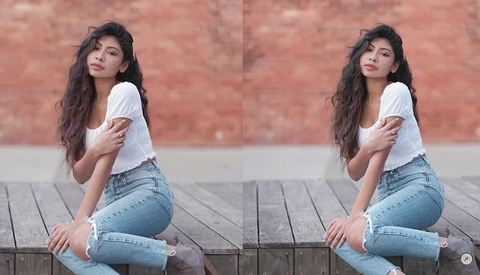 Woman in white t-shirt and distressed blue jeans posing against brick wall, shown in side-by-side comparison.