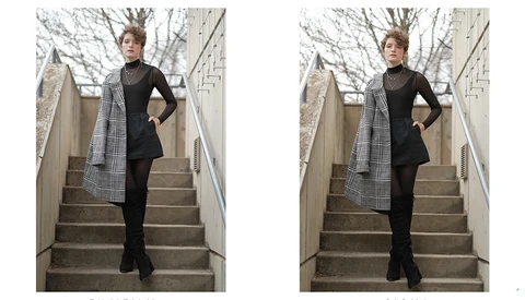 Side-by-side comparison of a woman on stairs wearing a plaid coat and black outfit, showing subtle posing differences.