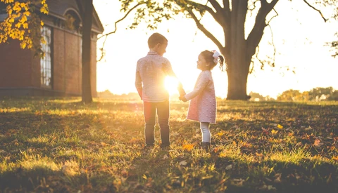 Two children standing in a sunlit field holding hands beneath large trees at golden hour.