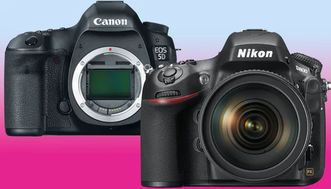 Canon EOS R5 and Nikon D850 professional DSLR cameras displayed side by side.