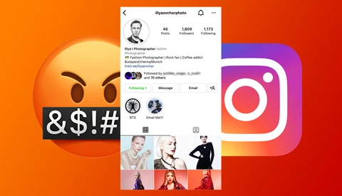 Screenshot of an Instagram profile page with angry emoji and censored text overlay.