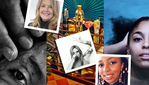 Collage featuring portrait photographs, a dog's face, sketch artwork, and golden-hour beverage photography arranged with geometric layouts.