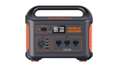 Jackery Explorer 500 portable power station with handle, digital display, and three AC outlets.