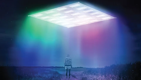 Illustration of a solitary figure standing in a misty landscape beneath a massive glowing rectangular light panel.
