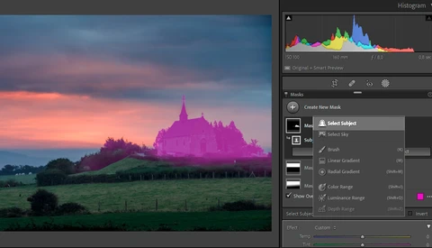 Screenshot of photo editing software showing a landscape with magenta-colored castle and gradient masks applied.