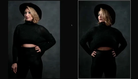Side-by-side portrait comparison showing a woman in black clothing against a dark background, photographed from front and profile angles.