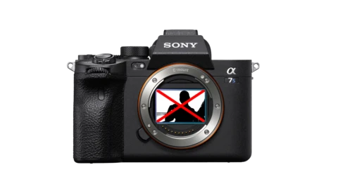 Sony a7r IV mirrorless camera with red X symbol overlaid on the sensor.