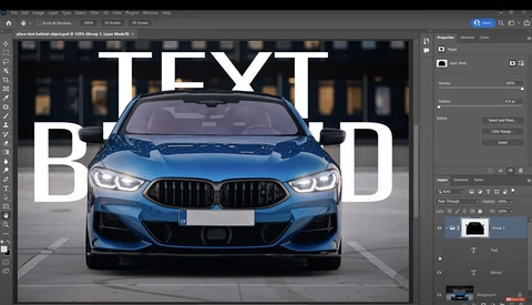 Screenshot of Photoshop showing a blue BMW car with large white text overlay reading 'TEXT BEHIND'.