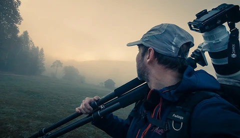 Videographer with camera rig on shoulder filming misty landscape at golden hour.