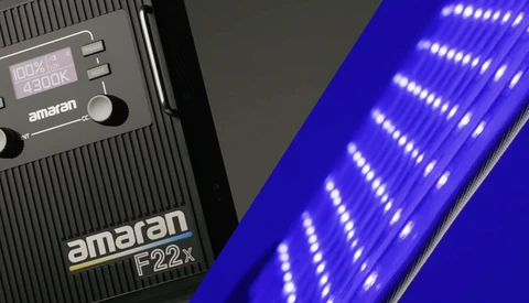 Amaran F22x LED light panel next to Amaran 300d K control unit against gray background.