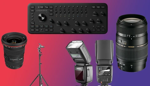 Photography and videography equipment collection arranged on a gradient background.