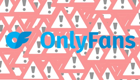 OnlyFans logo displayed over a pink and white repeating pattern of warning triangles and coffin icons.