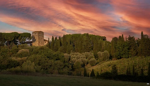 Medieval stone tower on a hillside surrounded by cypress trees and dense vegetation at sunset.