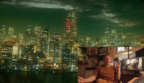 Split-screen composite showing a nighttime cityscape with illuminated skyscrapers and a person in an indoor studio setting.