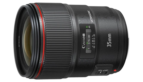 Canon EF 35mm f/1.4L USM lens with red ring and autofocus controls on black barrel.
