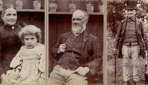 Three sepia-toned portrait photographs from the Victorian era showing different subjects in formal dress.
