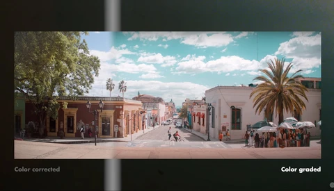 Side-by-side comparison of color correction and grading applied to a colonial streetscape photograph.