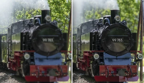 Side-by-side comparison of a black steam locomotive numbered 99 783, showing before and after processing or restoration.
