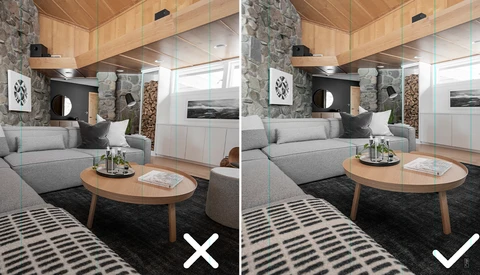 Interior design comparison showing a modern living room with wood ceiling and stone columns, demonstrating styling choices for a coffee table arrangement.