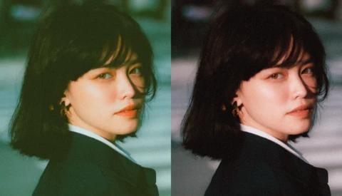 Side-by-side comparison showing color and monochromatic versions of a portrait with cool-toned and warm-toned grading.
