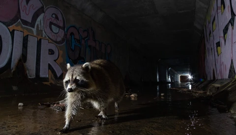 Raccoon walking on wet pavement in front of graffitied walls at night.