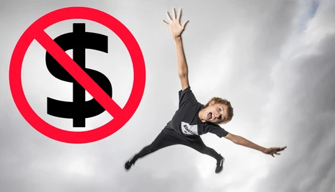 Illustration of a person jumping against a no-money symbol on a cloudy background.