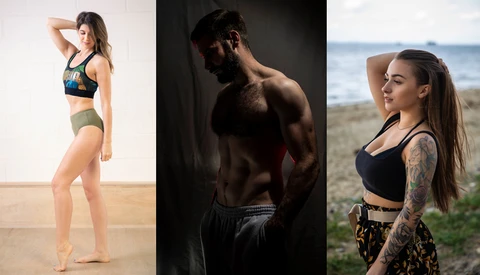 Three portrait photographs showing fitness and bodybuilding subjects in different lighting and outdoor settings.