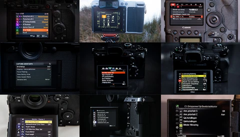 Screenshot grid showing camera menu interfaces and LCD displays from various DSLR and mirrorless models.