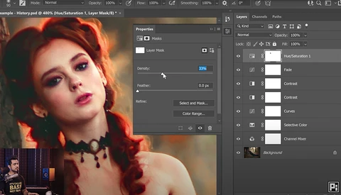 Screenshot of digital photo editing software showing portrait retouching workflow with layer masks and adjustment panels.