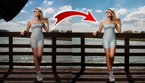 Before-and-after comparison showing subtle retouching of a woman posing on a wooden pier with water and sky in background.