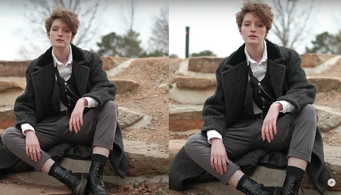 Side-by-side comparison of portrait editing showing a person in dark coat seated outdoors.