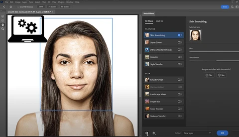 Screenshot of portrait retouching software showing skin smoothing adjustments applied to a female face.