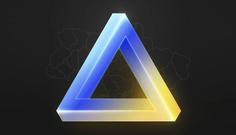Illustration of a glowing triangular prism with blue, white, and yellow gradient lighting against a dark background.