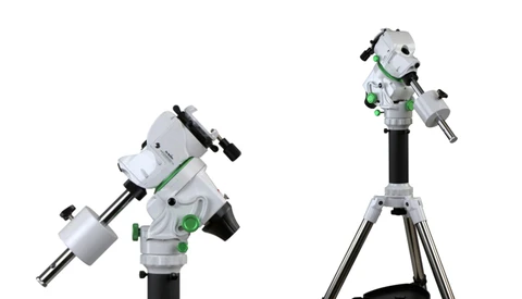 Two white and green equatorial telescope mounts shown from different angles on black tripod legs.
