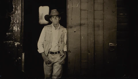 Man in cowboy hat and light shirt standing in doorway of wooden structure at night.