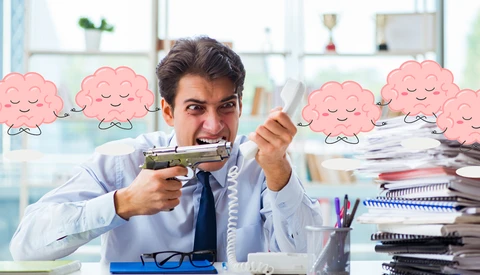 Illustration of a man in business attire aiming a pistol at cheerful cartoon brain characters.