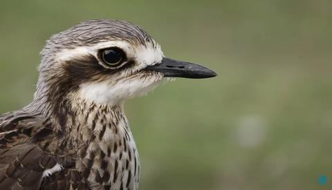 Close-up profile of a shorebird with white and brown plumage and dark eye stripe.