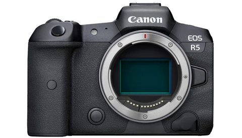 Canon EOS R5 mirrorless camera body with open sensor and mirror mechanism visible.