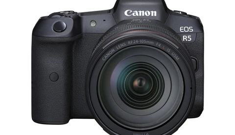 Canon EOS R5 mirrorless camera with RF 24-105mm lens attached, displayed against white background.