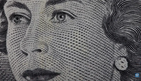 Engraving-style portrait of a person's face rendered entirely in parallel lines and dots.
